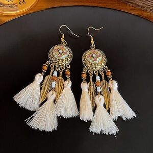 Bohemian Gold and Cream Tassel Earrings